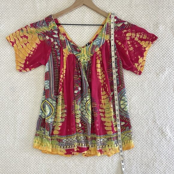 Sacred Threads Boho Tie Dye Top V-Neck Short Sleeve Flowy Hippie Festival S/M - Picture 12 of 14